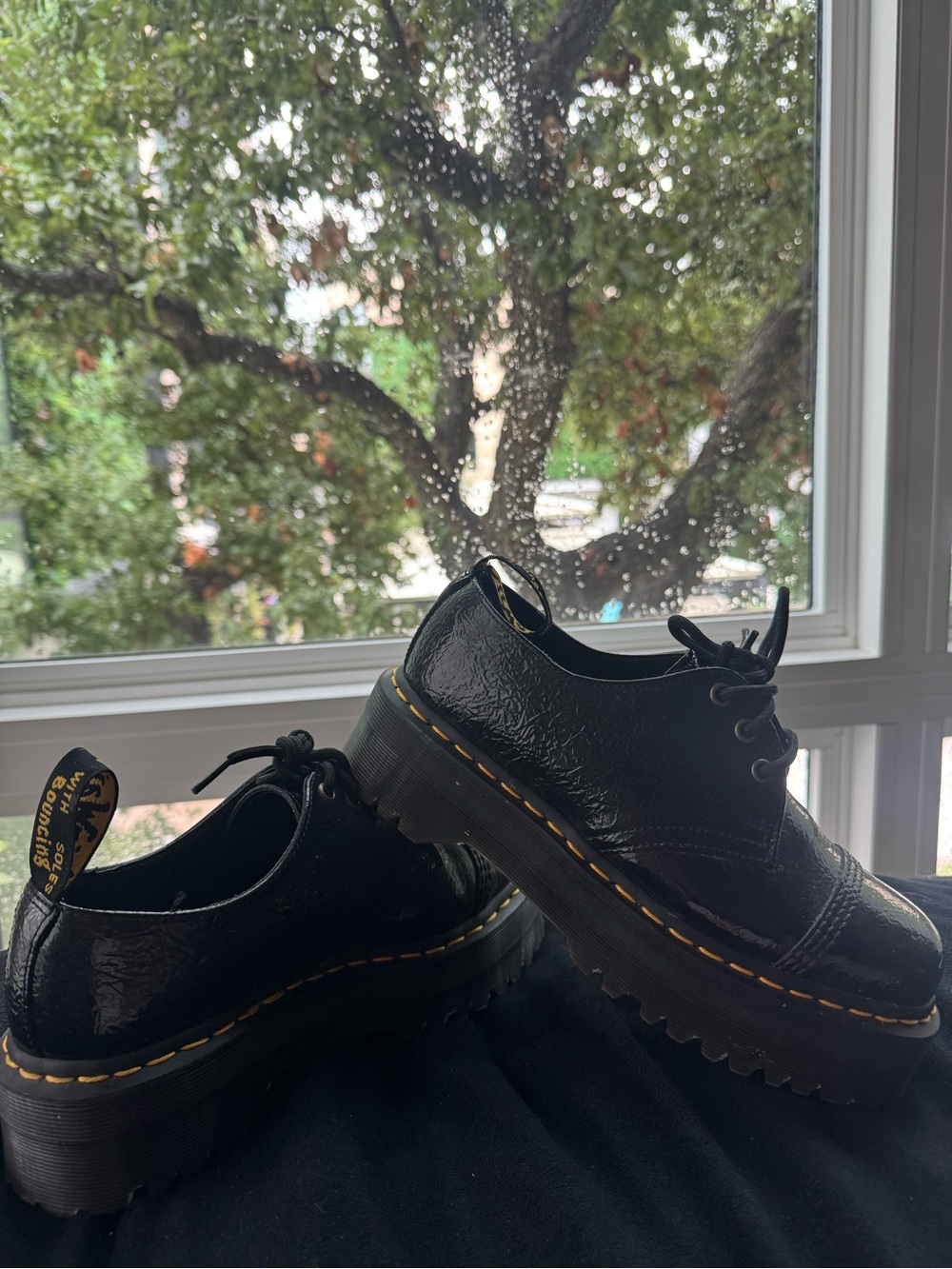 Dr. Martens Black Chunky Platform Lace-Up Oxfords with Yellow Stitching